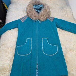 Handcrafted Blue Wool Floral Detail Parka Women